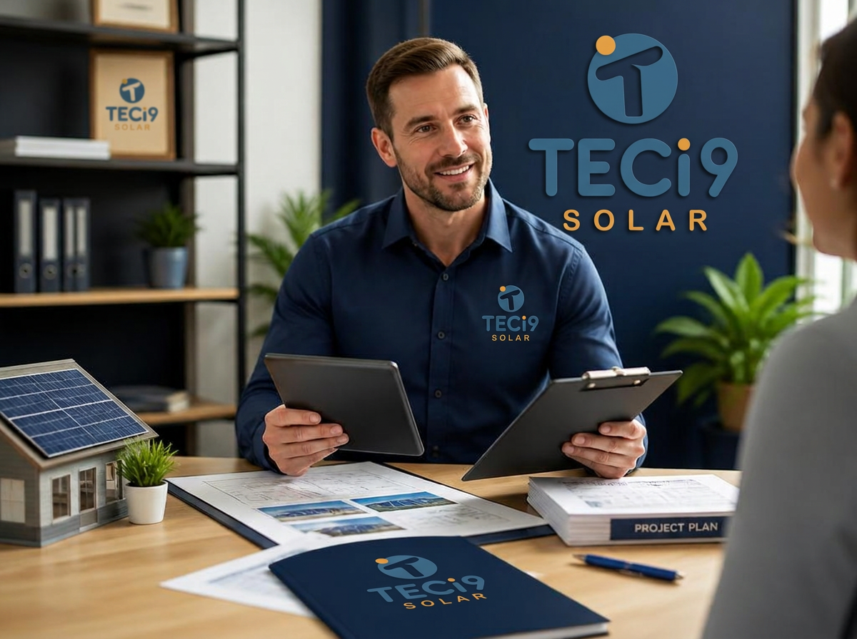 Consultor acompanhando projeto solar com tablet e documentos