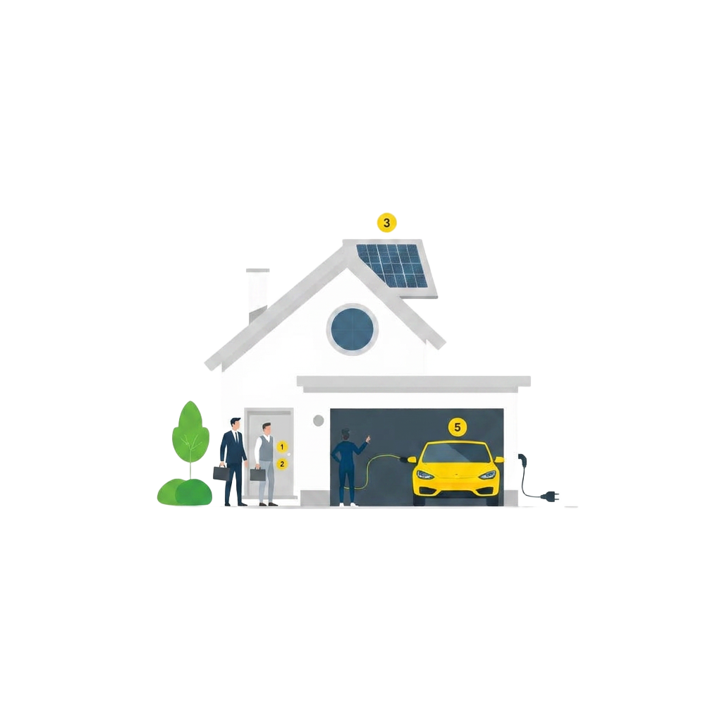 Ilustração do funcionamento da energia solar em uma casa
