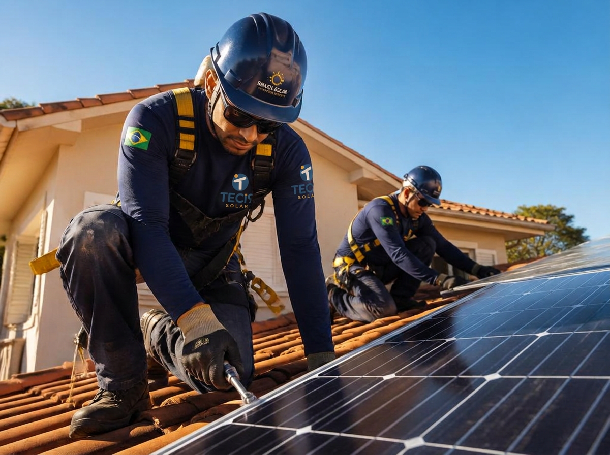 Equipe técnica certificada instalando painéis solares